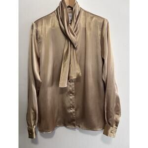 VTG K.B. Lawrence Women's Blouse Size 8 Gold Satin Long Sleeve Button Up